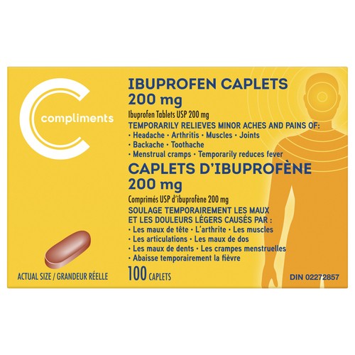 Compliments Ibuprofen 200 mg Caplets Analgesics 100 Count