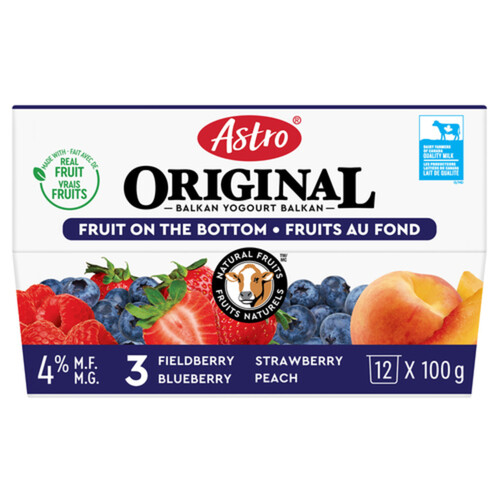 Astro Original 4% Yogurt Fruit on the Bottom Peach, Strawberry, Blueberry, Fieldberry 12 x 100 g