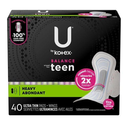 U by Kotex Ultra Thin Pads With Wings Balance Sized For Teen 40 Count