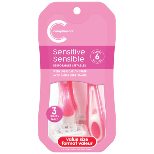 Compliments Sensitive Disposable Razors 3 Blades 6 Pack