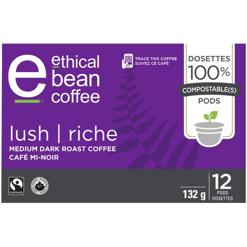 Ethical Bean Coffee Pods Lush Medium Dark Roast 12 Single Serve 132 g