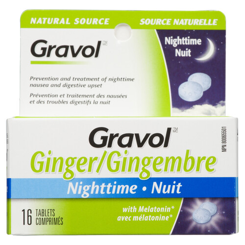 Gravol Ginger Nighttime Tablets For Upset Stomach & Nausea With Melatonin 16 Tablets 