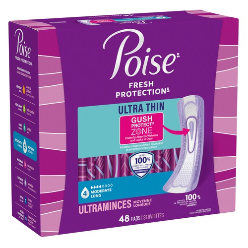 Poise Ultra Thin Incontinence Pads Moderate Absorbency Long 48 Count