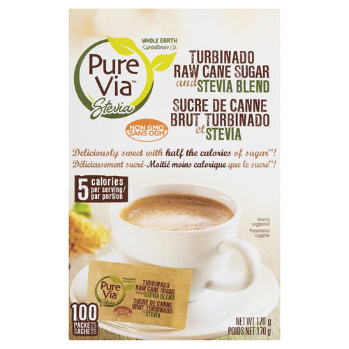 Pure Via Sweetener Raw Cane Sugar and Stevia 100 Pack