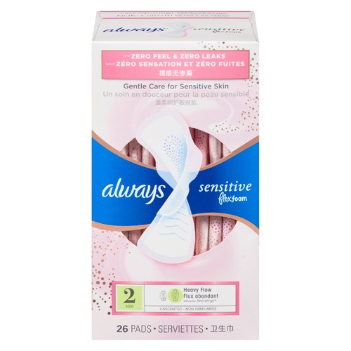 Always Sensitive Flex Foam Pads Heavy Flow Size 2 With Wings 26 Count