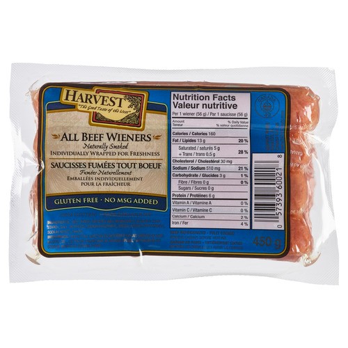 Harvest Meats Gluten-Free No MSG Wieners All Beef 450 g
