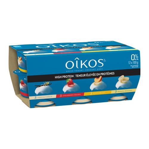 Oikos Greek Yogurt Peach Vanilla Strawberry Banana 12 x 100 g