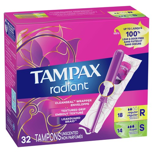 Tampax Radiant Tampons Regular/Super Unscented 32 Count 
