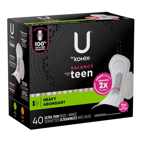 U by Kotex Ultra Thin Pads With Wings Balance Sized For Teen 40 Count