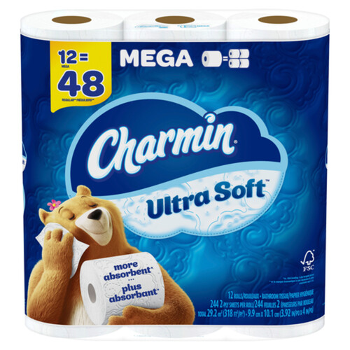 Charmin Toilet Paper Ultra Soft 2-Ply 12 Mega Rolls x 244 Sheets 