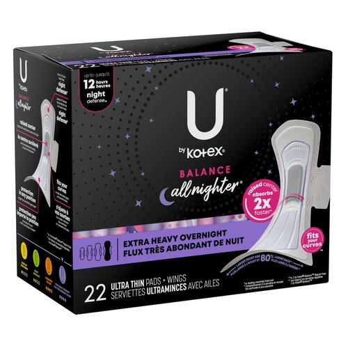 U by Kotex Balance Ultra Thin Pads Extra Heavy Overnight With Wings 22 Count