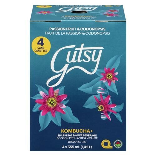 Gutsy Kombucha+ Sparkling & Alive Beverage Passion Fruit & Codonopsis 4 x 355 ml (cans)