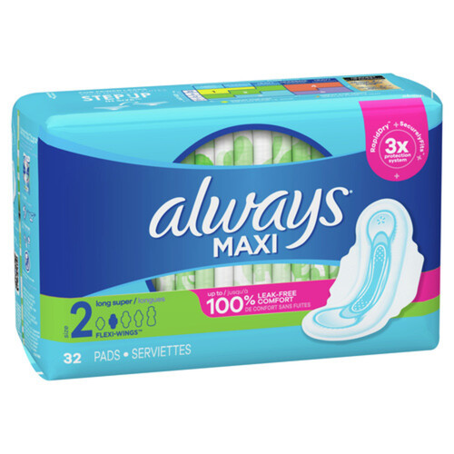 Always Maxi Pads Super Long Size 2 With Wings 32 Count