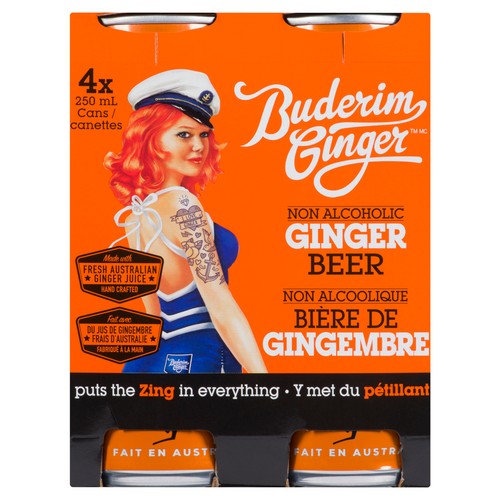 Buderim Ginger Non Alcoholic Ginger Beer 4 x 250 ml (cans)