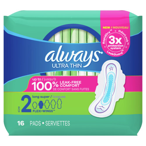 Always Ultra Thin Pads Long Super Size 2 with Wings 16 Count