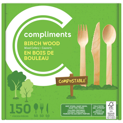 Compliments Compostable Birch Wood Mix Cutlery 150 Pack