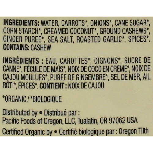 Pacific Organic Vegan Soup Cashew Carrot Ginger 472 ml