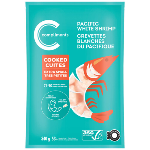 Compliments Frozen Pacific White Shrimp Cooked Peeled Deveined Tail-Off 71/90 Count 340 g