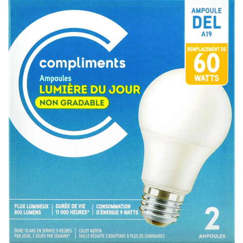 Compliments LED Light Bulbs A19 60W Daylight Non-Dimmable 2 EA