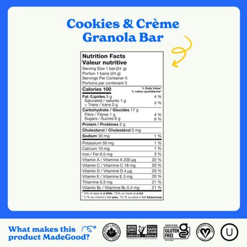 MadeGood Organic Granola Bar Cookies & Cream 5 x 24 g