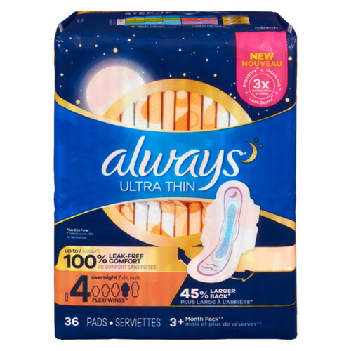 Always Ultra Thin Overnight Pads Size 4 With Wings 36 Count