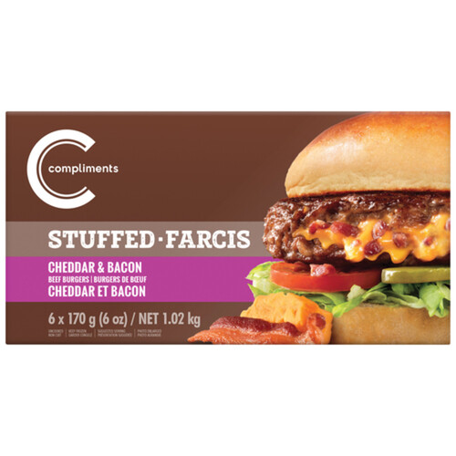 Compliments Frozen Beef Burgers Cheddar & Bacon Stuffed 6 Patties 1.02 kg