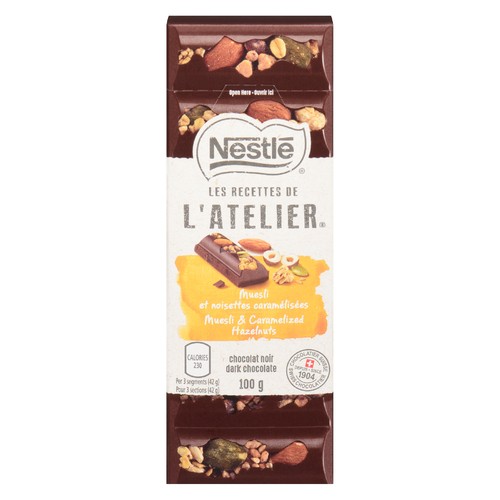 Nestle L'atelier Dark Chocolate Bar Muesli & Caramelized Hazelnuts 100 g