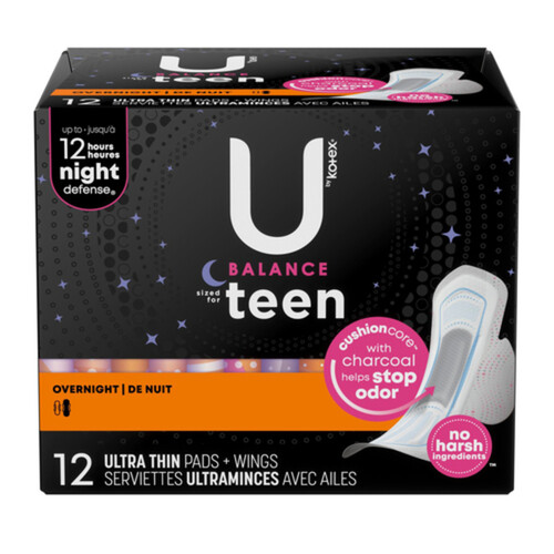 U by Kotex Teen Ultra Thin Pads Overnight With Wings 12 Count