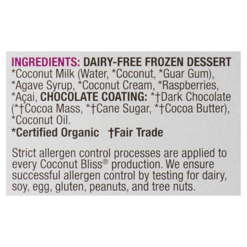 Luna & Larry's Coconut Bliss Gluten-Free Non-Dairy Frozen Dessert Bars Chocolate Raspberry Acai 3 Pack