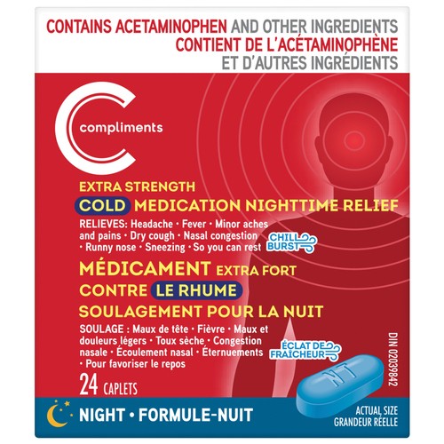 Compliments Cold Medicine Night Time Relief Extra Strength Caplets 24 Count