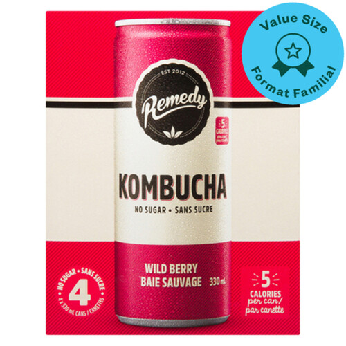 Remedy Organic Kombucha Wild Berry Value Size 4 x 330 ml (cans)