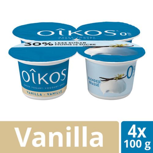 Oikos Fat Free Greek Yogurt 30% Less Sugar Vanilla Flavour Blended 4 x 100 g