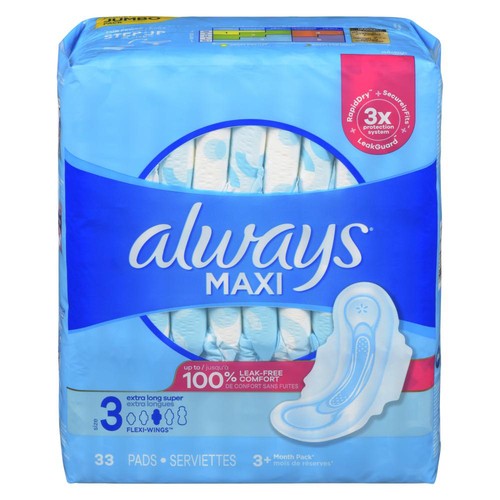 Always Maxi Pads Flexi-Wings Size 3 Extra Long Super 33 Count