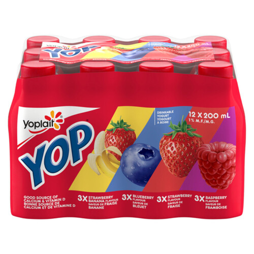 Yoplait Yop 1% Drinkable Yogurt Strawberry Blueberry Raspberry and Strawberry Banana 12 x 200 ml