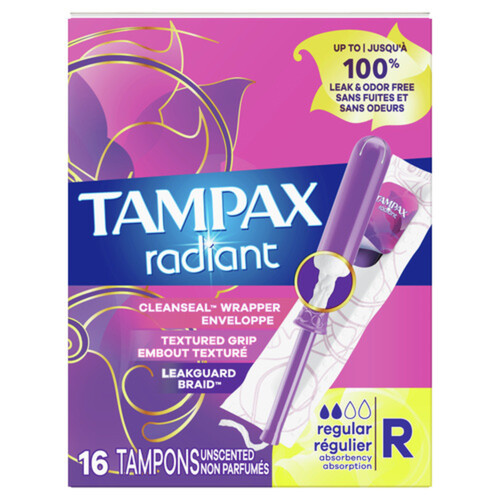 Tampax Radiant Tampons Regular Leakguard Braid Unscented 16 Count