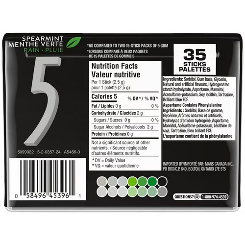5 Sugar-Free Chewing Gum Spearmint-Rain 35 Sticks 1 Pack