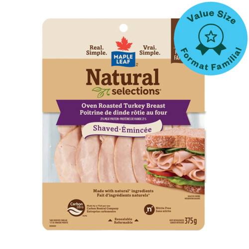 Maple Leaf Natural Selections Deli Turkey Breast Shaved Oven Roasted Family Size 375 g