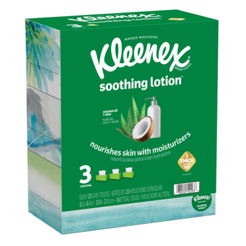 Kleenex Soothing Lotion Facial Tissues With Coconut Oil Aloe & Vitamin E 3 Flat Boxes 3-Ply 120 Tissues Per Box