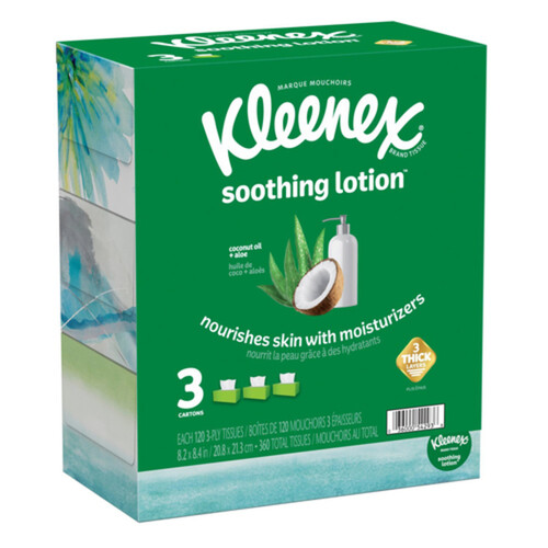 Kleenex Soothing Lotion Facial Tissues 3-Ply 3 Flat Boxes x 120 Sheets 