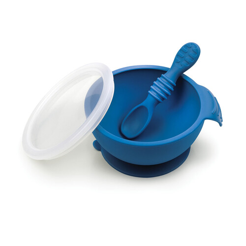 Bumkins Silicone First Feeding Set with Lid & Spoon Deep Blue 1 EA