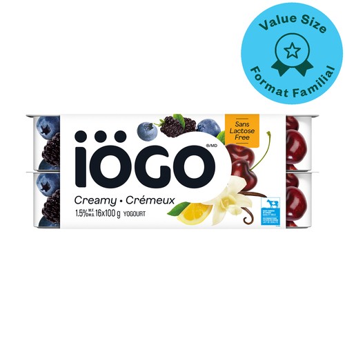 iÖGO Lactose-Free 1% Yogurt Cups Creamy Cherry Lemon Blackberry-Blueberry Vanilla 16 x 100 g