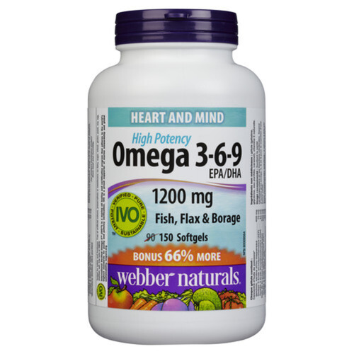 Webber Naturals 1200 mg 66% Bonusgels Omega 3-6-9 150 Softgel Capsules