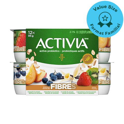 Activia Probiotics Yogurt Source Of Fibres Vanilla/Blueberry/Strawberry-Kiwi/Peach 12 x 95 g
