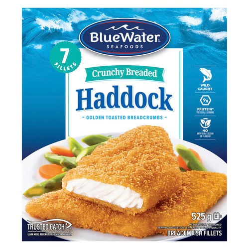 BlueWater Seafoods Frozen Crunchy Breaded Haddock Fillets 525 g