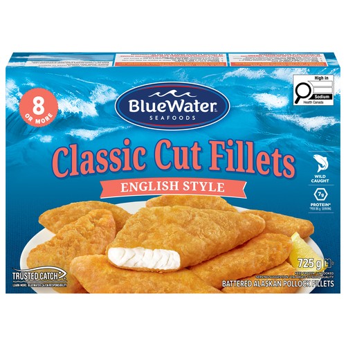 BlueWater Seafoods Frozen Battered Alaska Pollock Classic-Cut Fillets English Style 725 g
