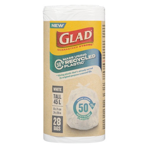 Glad Garbage Bags 50% Made With Recycled Plastic White Tall 45 L 28 Bags 