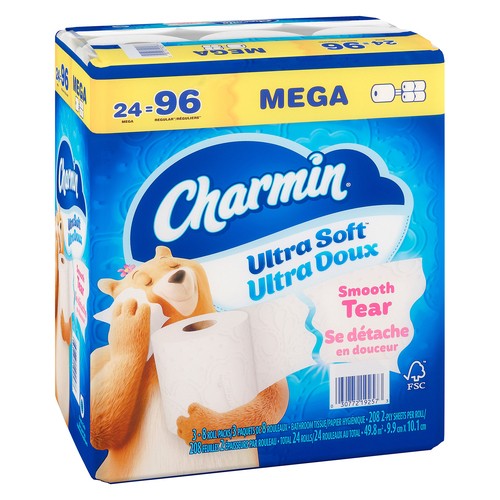 Charmin Toilet Paper Ultra Soft Smooth Tear 2-Ply 24 Mega Rolls x 208 Sheets
