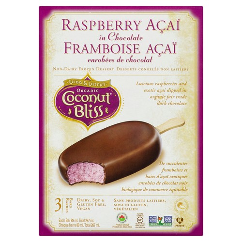 Luna & Larry's Coconut Bliss Gluten-Free Non-Dairy Frozen Dessert Bars Chocolate Raspberry Acai 3 Pack