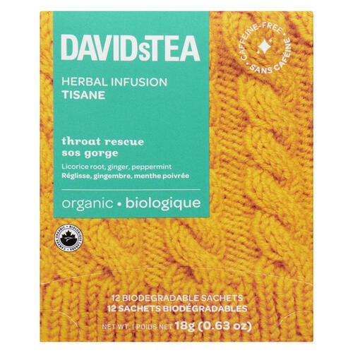 DAVIDsTEA Organic Herbal Infusion Tea Throat Rescue 12 Sachets 