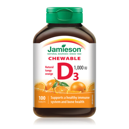 Jamieson Vitamin D3 Supplements Chewable Tablets Natural Orange 100 Count